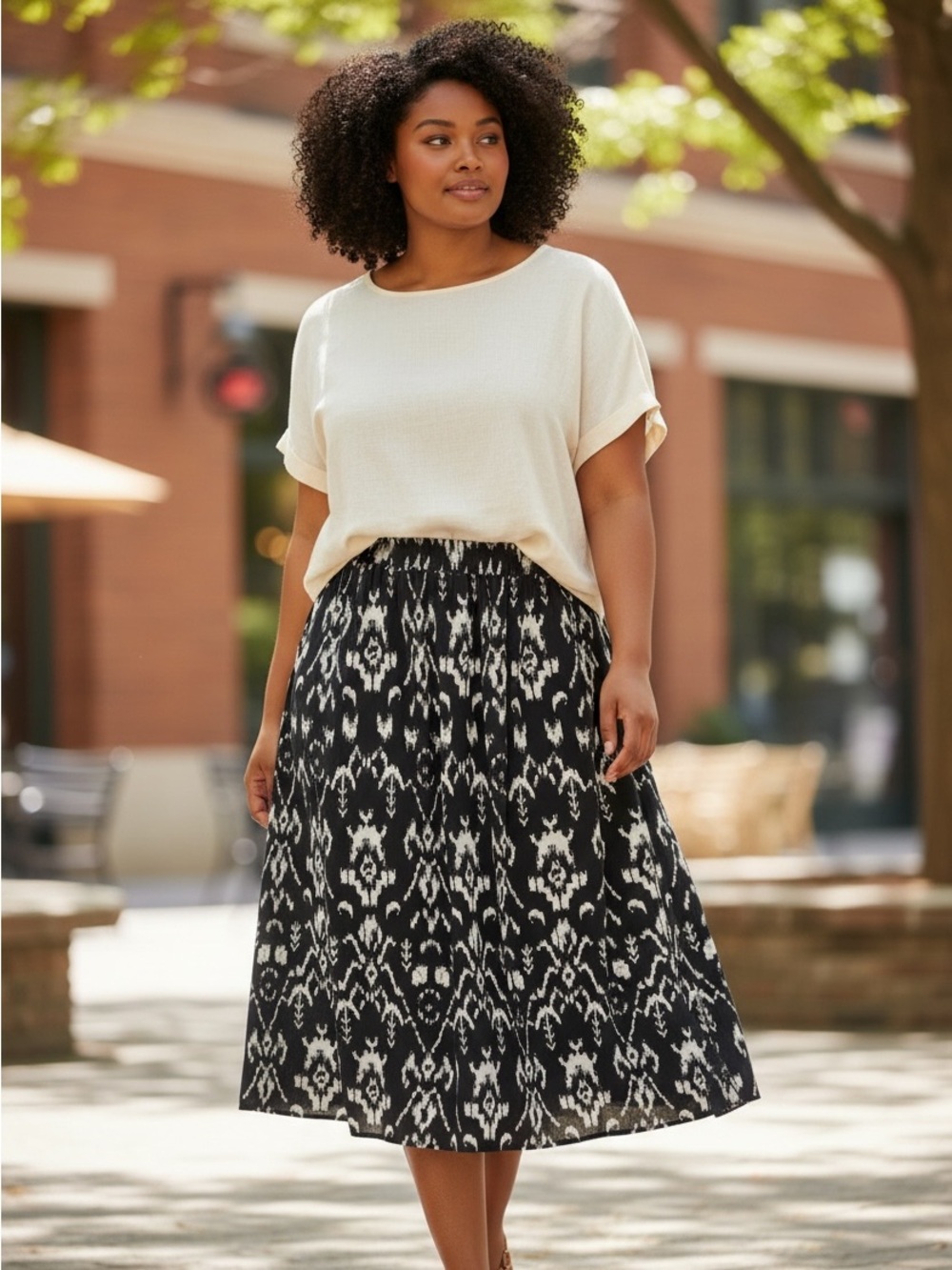 DEVOTED Black and White Patterned Elastic-Waist Midi Skirt SIZE XL